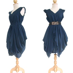 Women Navy Blue Cocktail Dress Cotton Mini Dress Vneck Layered Dress Knee Length Dress in Black Blue Grey Purple High Waisted– SD003