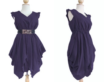 Purple Cotton Dress Pleated Mini Dress Cocktail Summer Cocktail Dress in Dark Purple Eggplant Dress High Waisted Vneck Dress - SD003