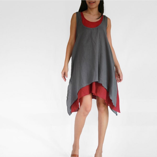 Red Grey Lagenlook Dress Women Soft Cotton Knee Length Festival Dress Grey Dress  Two Tone Dress Beach Coverup Dress- SF SD013