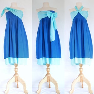Sky Blue Bridesmaid Dress / Blue Cotton Mini Dress / Convertible Bridesmaid Dress / Sky Blue Dress / Two Tones Mini Dress with Bow - SD007