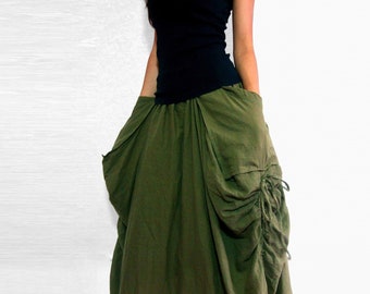 Lagenlook Maxi Skirt Big Pockets Long Skirt - in Olive Army Green Cotton Long Skirt - SK001