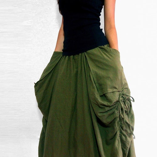 Lagenlook Maxi Skirt Big Pockets Long Skirt in Olive Army - Etsy