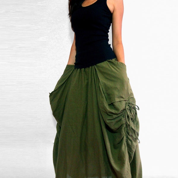 Lagenlook Maxi Skirt Big Pockets Long Skirt - in Olive Army Green Cotton Long Skirt - SK001
