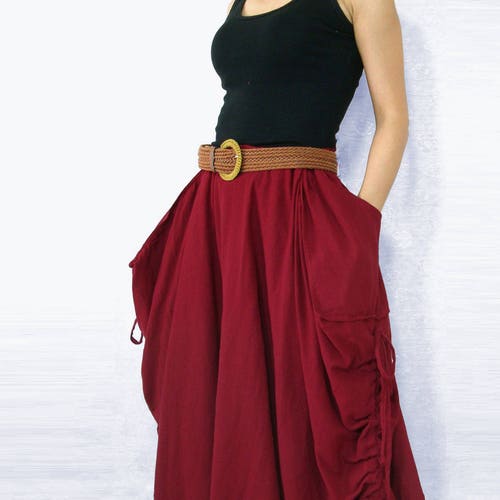 Lagenlook Maxi Skirt Big Pockets Long Skirt in Red Cotton Etsy