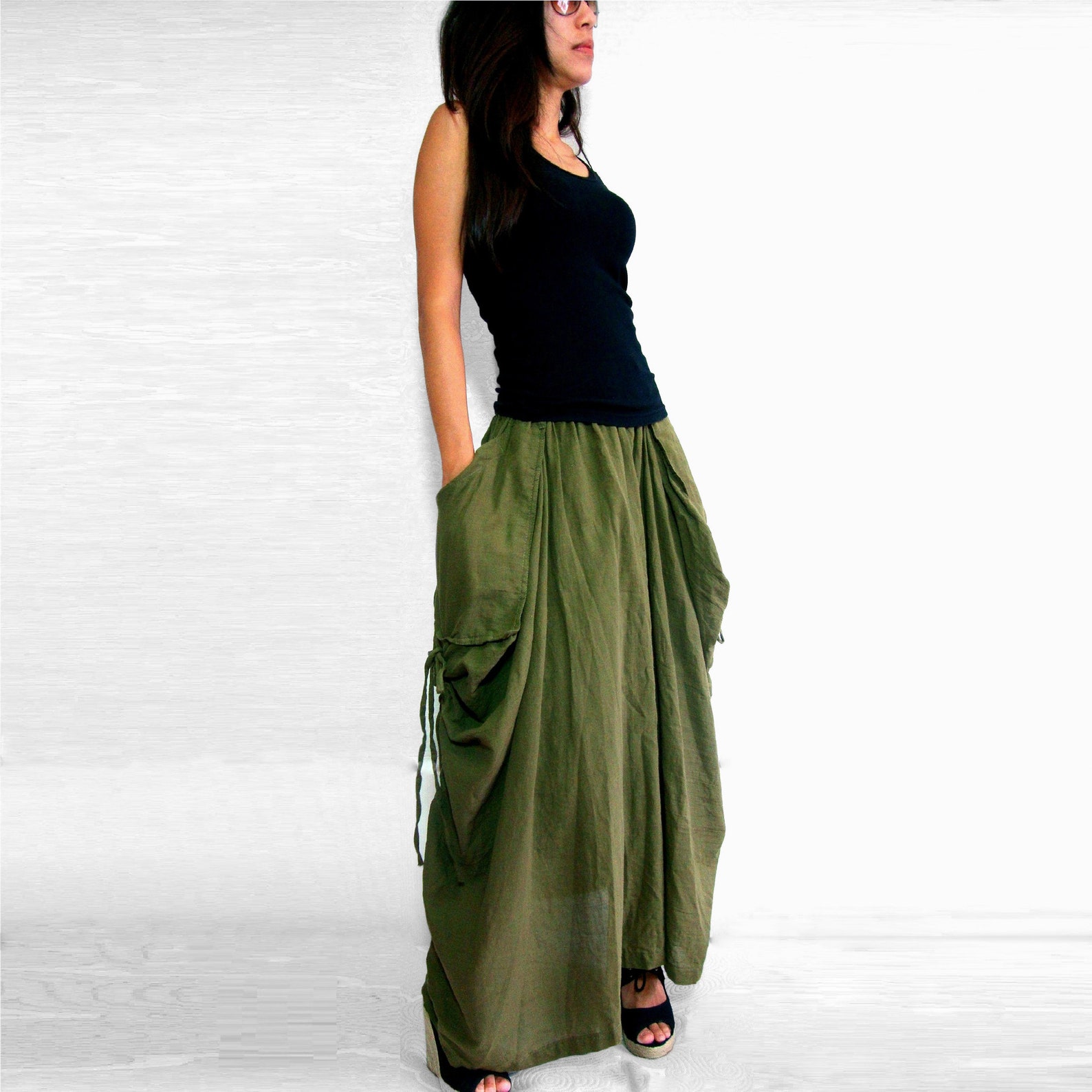 Lagenlook Maxi Skirt Big Pockets Long Skirt in Olive Army - Etsy