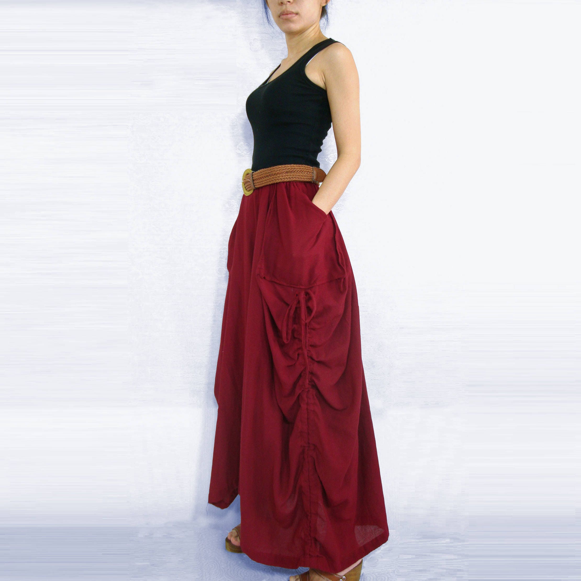 Lagenlook Maxi Skirt Big Pockets Long Skirt in Red Cotton | Etsy