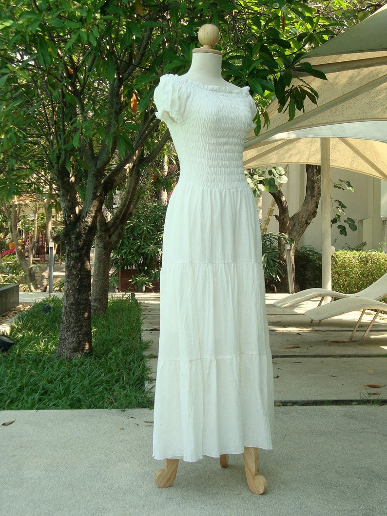 Off White Ivory Maxi Dress Bohemian Dress Off Shoulders Dress Long Cotton Dress Summer Wedding Dress Tiered Smocked Maxi Dress SS LD004 image 3