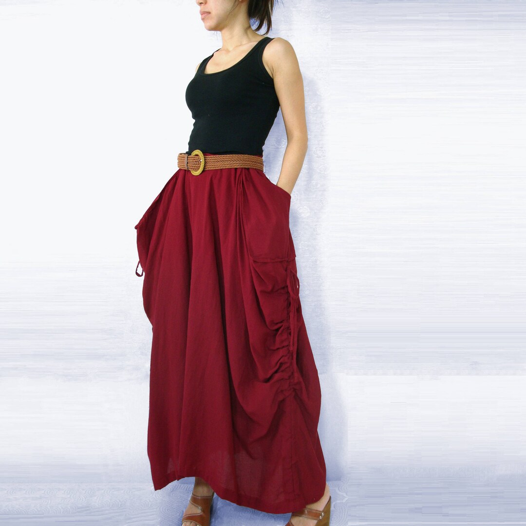 Lagenlook Maxi Skirt Big Pockets Long Skirt in Red Cotton - Etsy