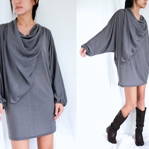Vestido túnica de mangas compridas em cinza blusa feminina de grandes dimensões túnica dolman mangas tops mini vestido exclusivo feminino boho túnica tops- 11275