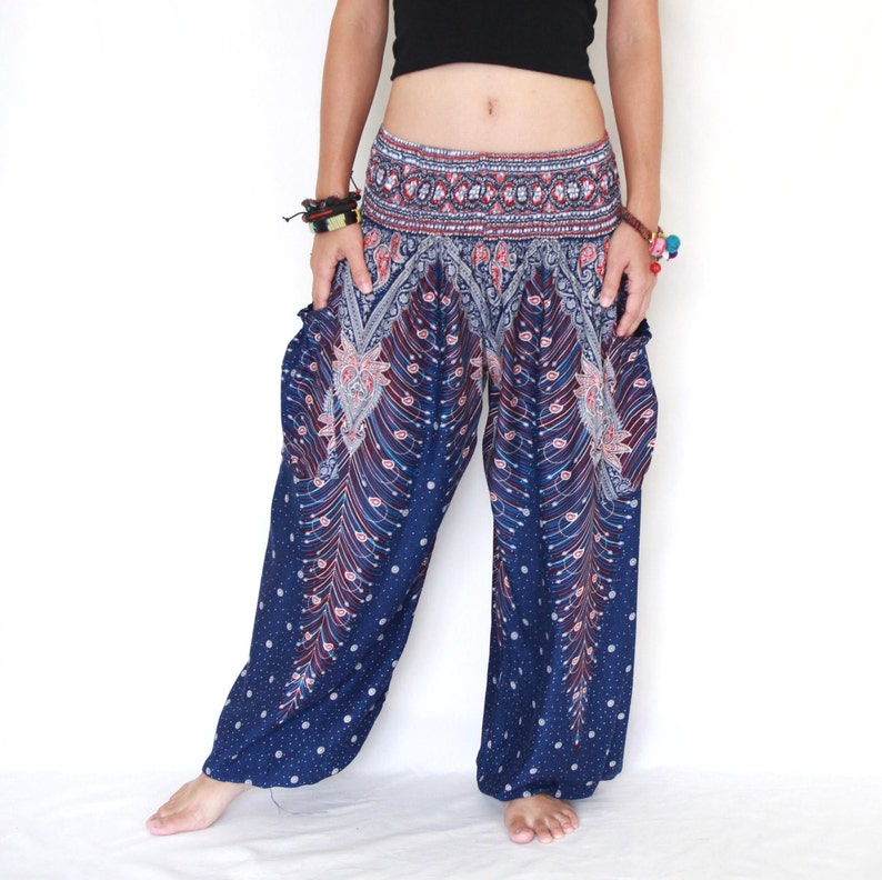 Women Navy Blue Yoga Pants / Blue Peacock Pants with Pockets / Etsy