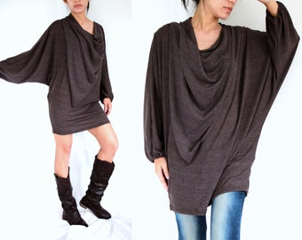 Brown Boho Tunic Women Oversized Brown Blouse Long Sleeves Tunic Dress Dolman Sleeves Tops Mini Dress in Brown Batwing Sleeves Top - 11275