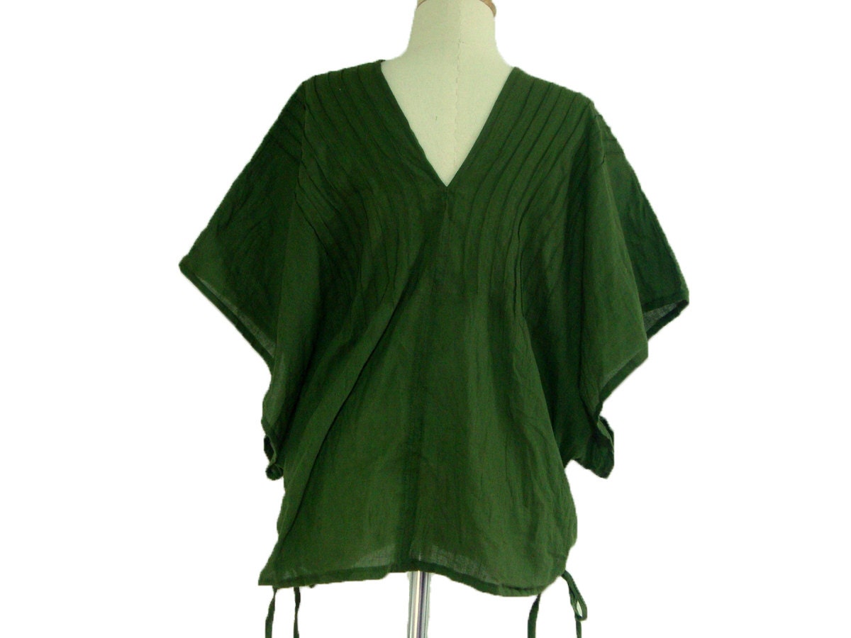 Loose Fit V neck Cotton Blouse in Dark Forest Green Boho Wide Etsy