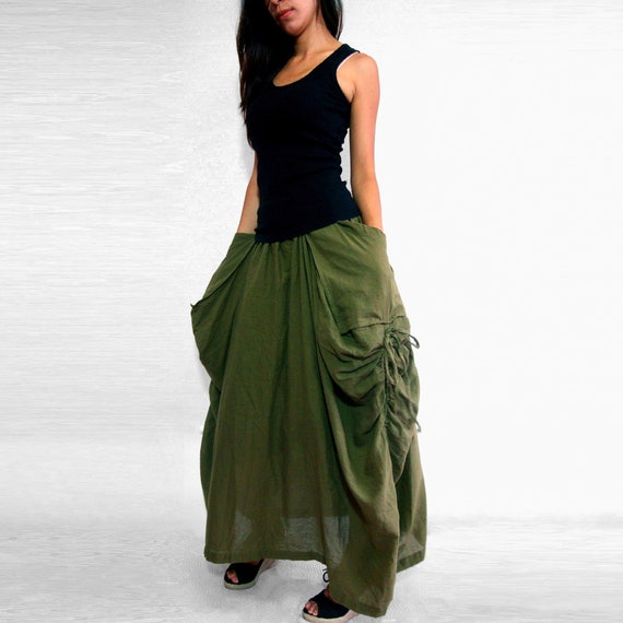 Lagenlook Maxi Skirt Big Pockets Long Skirt in Olive Army | Etsy