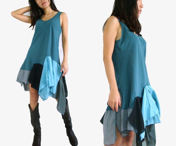 Cadet Blue Pixie Dress: Boho Cotton Summer Mini Tunic / Layered Patchwork Minidress - SF SD008 Cadet Blue Pixie Dress: Boho Cotton Summer Mini Tunic / Layered Patchwork Minidress - SF SD008