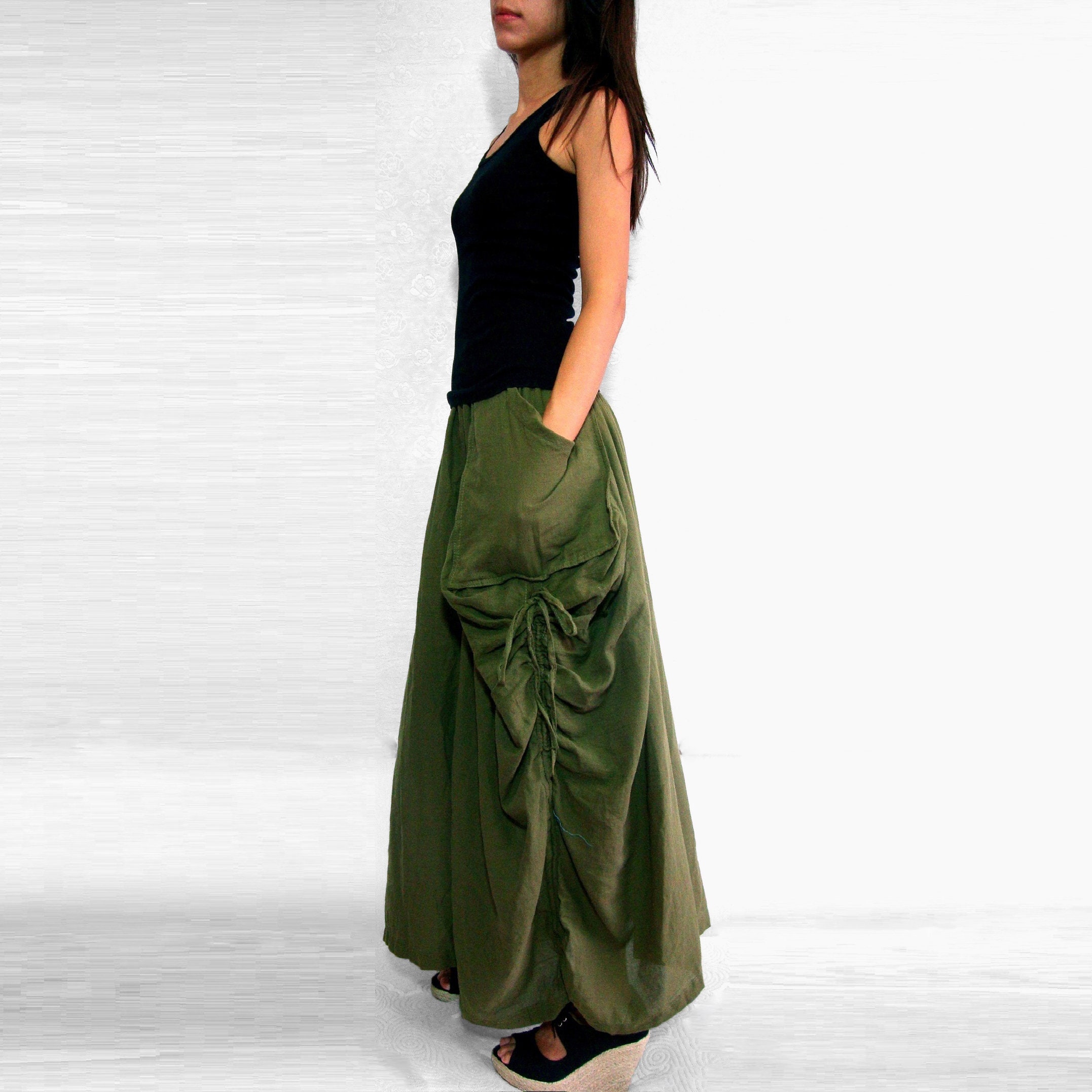 Lagenlook Maxi Skirt Big Pockets Long Skirt in Olive Army - Etsy