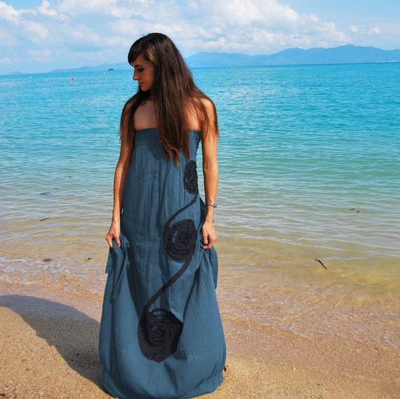 Cadet Blue Cotton Maxi Dress: Strapless Summer Beach Dress with Pockets- LD001