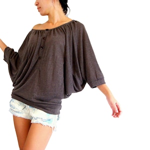 Oversized Batwing Tops Off shoulder Round Neck Blouse T-shirt in Dark Brown Oversized Tops - CC TOP020