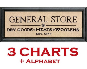 General Store - 3 cross stitch patterns - PDF digital download - Country, Colonial Sign, Farm, Farmhouse, Americana, Coffee, Halloween