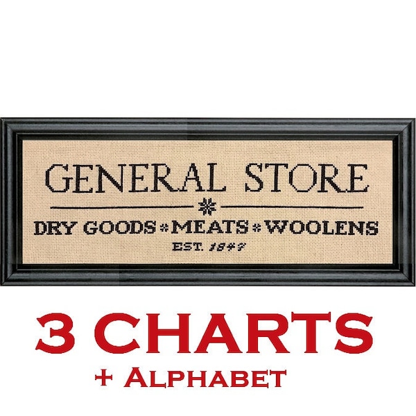General Store - 3 cross stitch patterns - PDF digital download - Country, Colonial Sign, Farm, Farmhouse, Americana, Coffee, Halloween