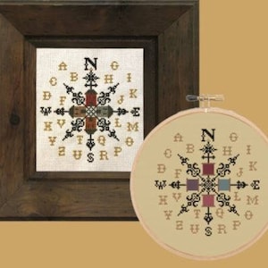 May include: A white embroidery hoop with a black and white alphabet pattern in a compass design. The letters are arranged in a circle around a central design with four colored squares. The hoop is framed in a dark wood frame.