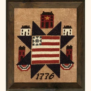 Op de afbeelding: Een ingelijst kruissteekontwerp met een rood, wit en blauwe Amerikaanse vlag met een ster in het midden. De vlag wordt omringd door vier kleine huizen en het jaar 1776 is onder de vlag geborduurd.