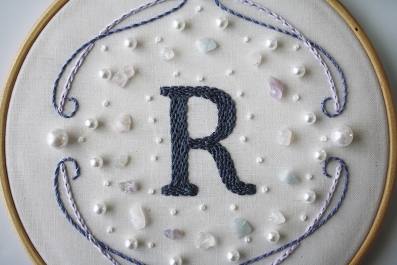Custom Family Initial Pearls Stone Beads Mixed Media Hand Embroidery Wall Art Custom Colors