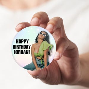 Happy Birthday Button with Photo – Custom Name Badge | Birthday Girl Pin | Personalized Party Favor | Any Font Color | Birthday Party Button