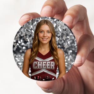 Personalized Silver Cheerleader Button • Custom Team Photo Pin • Pep Rally Spirit Gift • Senior Night Favor • Sports Team Support Badge