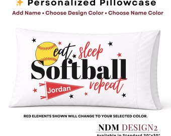 Personalized Softball Pillowcase | Eat Sleep Softball Repeat Pillow | Custom Name Softball Gift | Girls Sports Bedding | Softball Room Decor