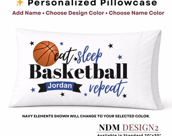 Personalized Basketball Pillowcase | Eat Sleep Basketball Repeat Pillow | Custom Name Basketball Gift | Boys Sports Bedding