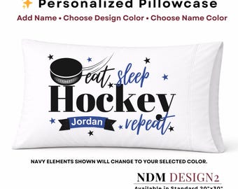 Personalized Hockey Pillowcase | Eat Sleep Hockey Repeat Pillow | Custom Name Hockey Gift | Boys Sports Bedding | Hockey Bedroom Decor