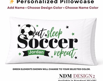 Personalized Soccer Pillowcase | Eat Sleep Soccer Repeat Pillow | Custom Name Soccer Gift | Sports Bedding | Soccer Decor | Soccer Player