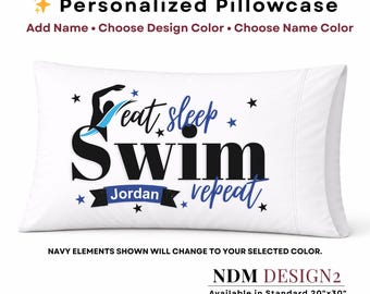 Personalized Swim Pillowcase | Eat Sleep Swim Repeat Pillow | Custom Name Swimmer Gift | Kids Sports Bedding | Swimming Bedroom Decor