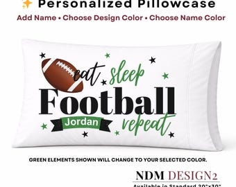 Personalized Football Pillowcase | Eat Sleep Football Repeat Pillow | Custom Name Football Gift | Kids Sports Bedding | Football Room Decor