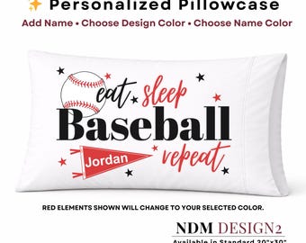 Personalized Baseball Pillowcase | Eat Sleep Baseball Repeat Pillow | Custom Name Baseball Gift | Kids Sports Bedding | Baseball Room Decor