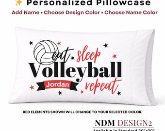 Personalized Volleyball Pillowcase | Eat Sleep Volleyball Repeat Pillow | Custom Name Volleyball Gift | Girls Sports | Volleyball Room Decor