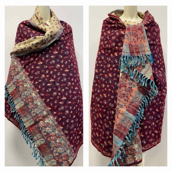 Real Yak wool shawl maroon beige colour scarf unisex winter blanket himalayan made paisley floral print DOUBLE sided wrap high quality gift
