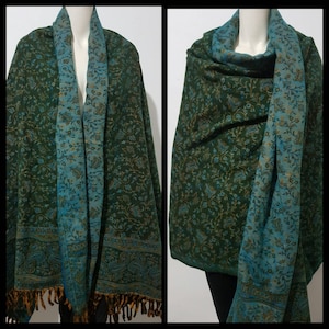 Real wool scarf/himalayan made green COLOUR paisley floral print ethnic  DOUBLE sided scarf/shawl/wrap/blanket,High quality gift for her/him