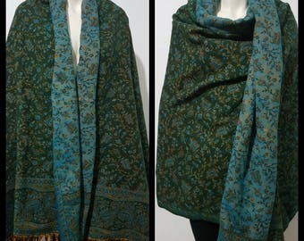 Real wool scarf/himalayan made green COLOUR paisley floral print ethnic  DOUBLE sided scarf/shawl/wrap/blanket,High quality gift for her/him