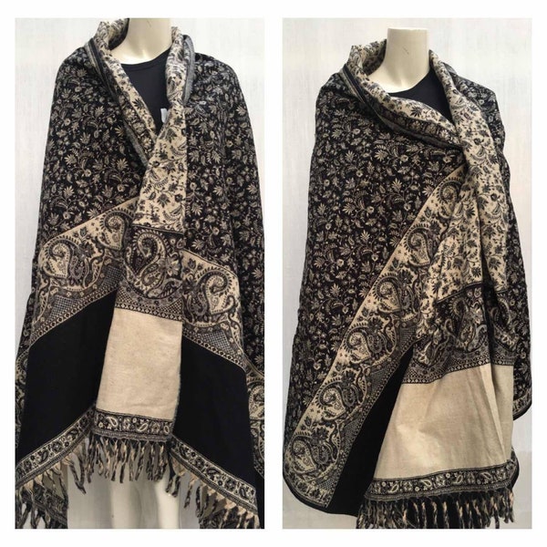 Black colour yak wool winter scarf/himalayan made floral print  DOUBLE sided shawl/blanket,High quality xmas gift for anyone