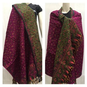Pink green colour yak wool shawl unisex scarf floral print DOUBLE sided scarf winter blanket,High quality xmas gift for him/her image 1