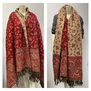 New Red Colour Scarf Real Yak wool shawl handmade floral print DOUBLE sided blanket unisex throw High quality gift for anyone Xmas gift