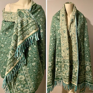 DUSTY GREEN scarf shawl floral print ethnic Double sided pure yak wool scarf warm wrap/blanket High quality gift for her him Xmas gift