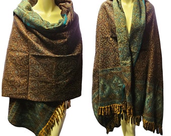 Yak wool scarf/himalayan made BROWN GREEN paisley floral print ethnic DOUBLE sided scarf/shawl/wrap/blanket,High quality gift for her/him