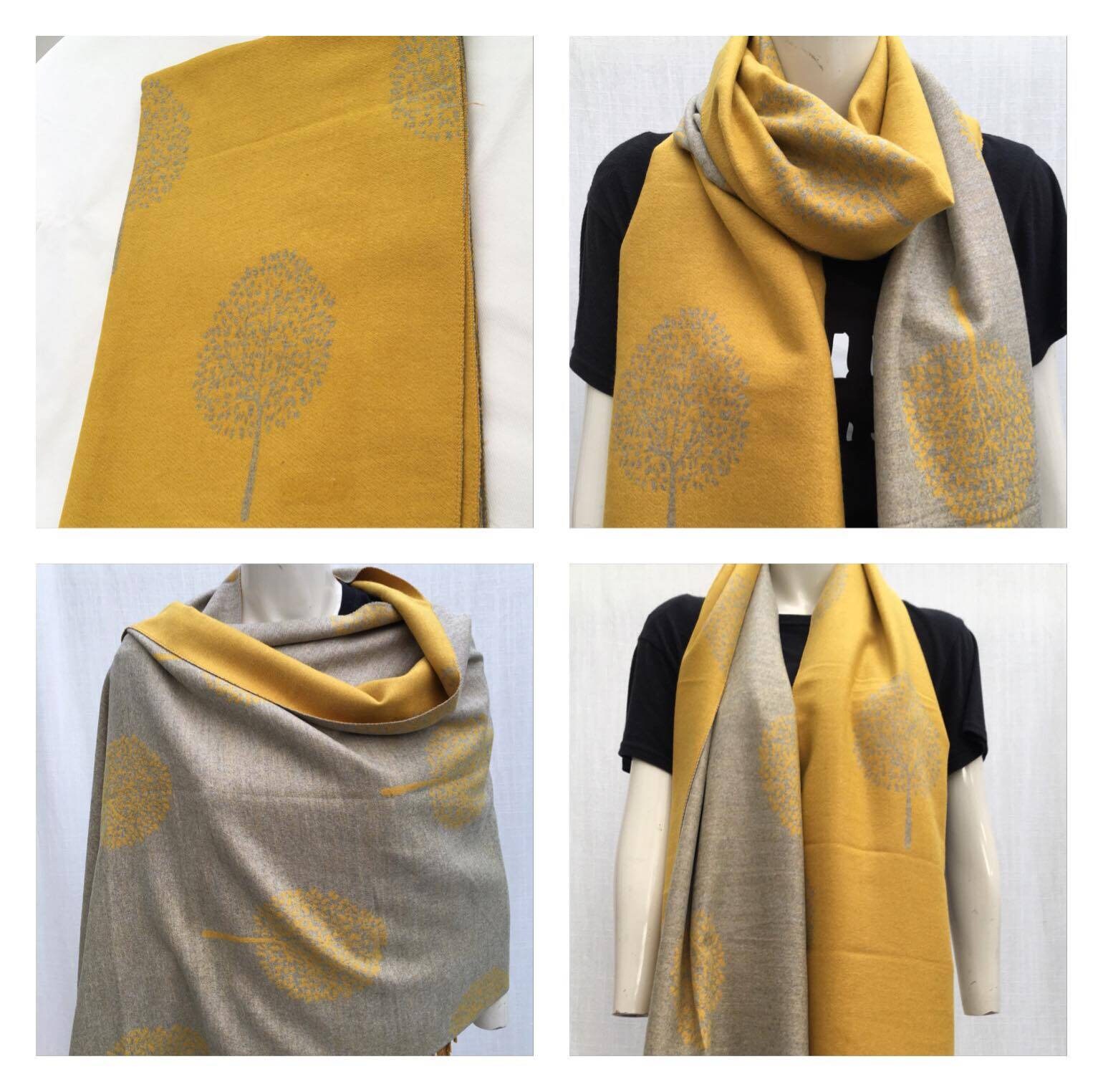 Yellow grey colour cashmere scarf mulbery tree print reversible super…