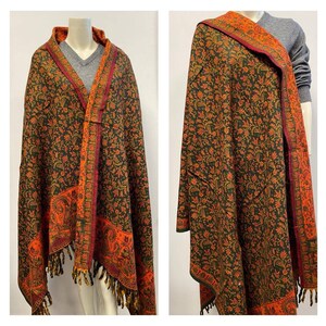 Real wool shawl himalayan made green orange COLOUR/floral print ethnic DOUBLE sided scarf/shawl/wrap/blanket,High quality wool Xmas gift