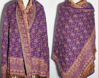 PURPLE GOLD WOOL scarfs shawl floral print ethnic Double sided pure yak wool warm scarf/wrap/blanket,High quality gift for her/him Xmas gift