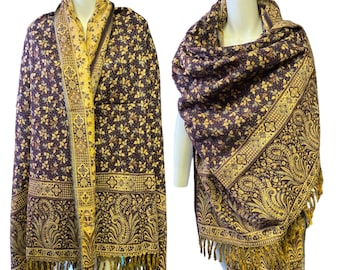 Luxurious floral meditation scarf Stylish party accessory Opulent Brown Beige floral shawl Elegant unisex evening stole Handcrafted yak wool