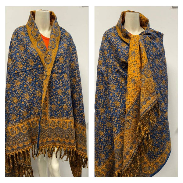 Pure yak wool shawl/himalayan made MUSTERD BLUE SCARF paisley floral print ethnic double sided scarf wrap blanket,High quality gift for her