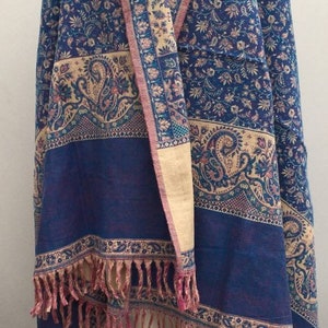 Real yak wool shawl/himalayan made purple,blue/beige COLOUR paisley floral print ethnic DOUBLE sided scarf/wrap/blanket,High quality gift zdjęcie 5